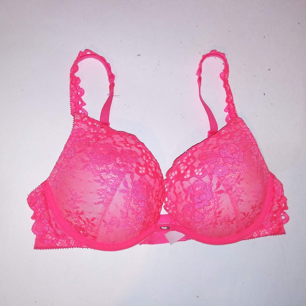 Victoria Secret Bra 34D Push Up Neon Pink Lace Fabulous Underwire
